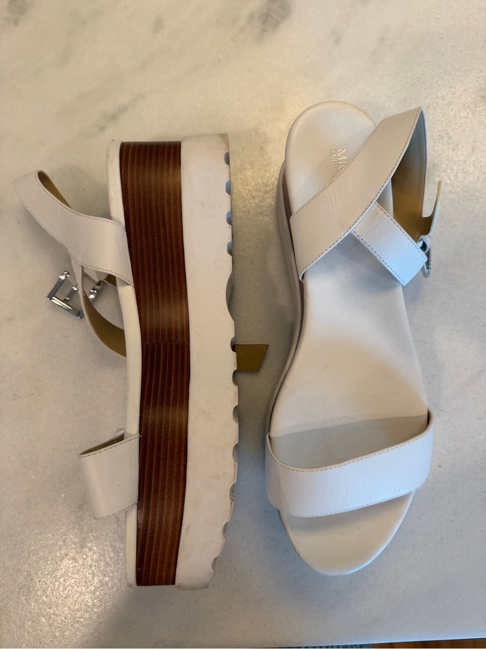 Micheal Kors White Platform Leather Sandals with Wood-Effect Midsole